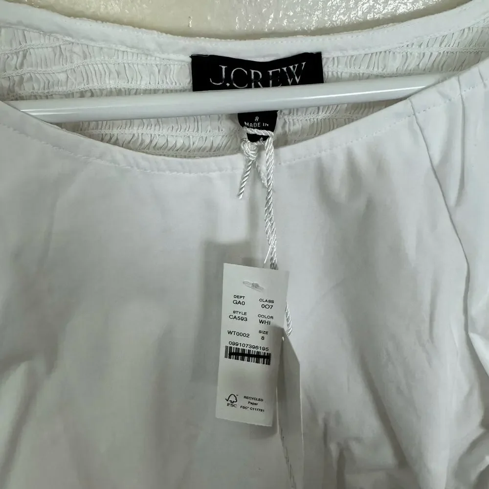 J.Crew Top WMNS 8 White Crop Fitted Puff Sleeve Smocked Cotton Romantic Summer